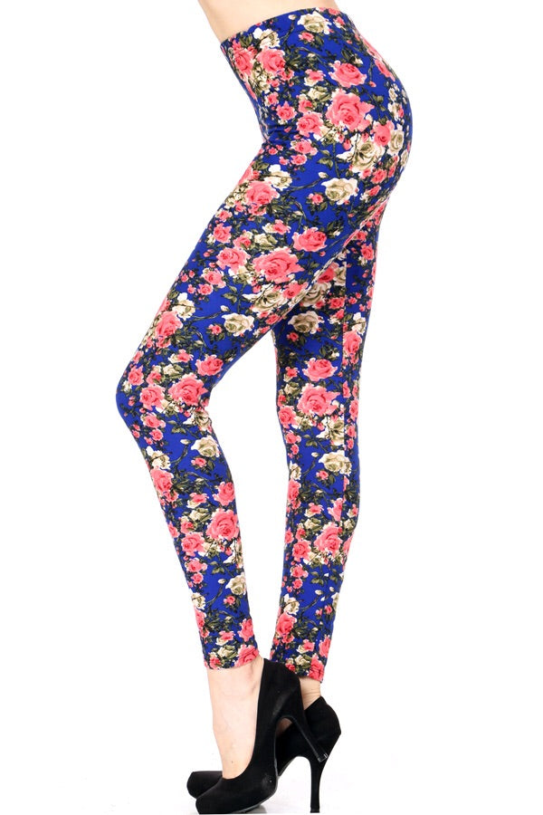 side view of full- length one size- Women's 0-14 and plus size- women's 14-20 mix print navy and floral leggings are so soft, stretchy, lightweight, and have a 1