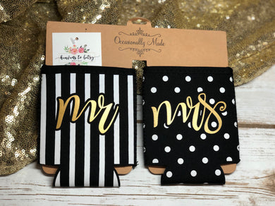 Mr. striped and Mrs. polka dotted beer sweater koozie set
