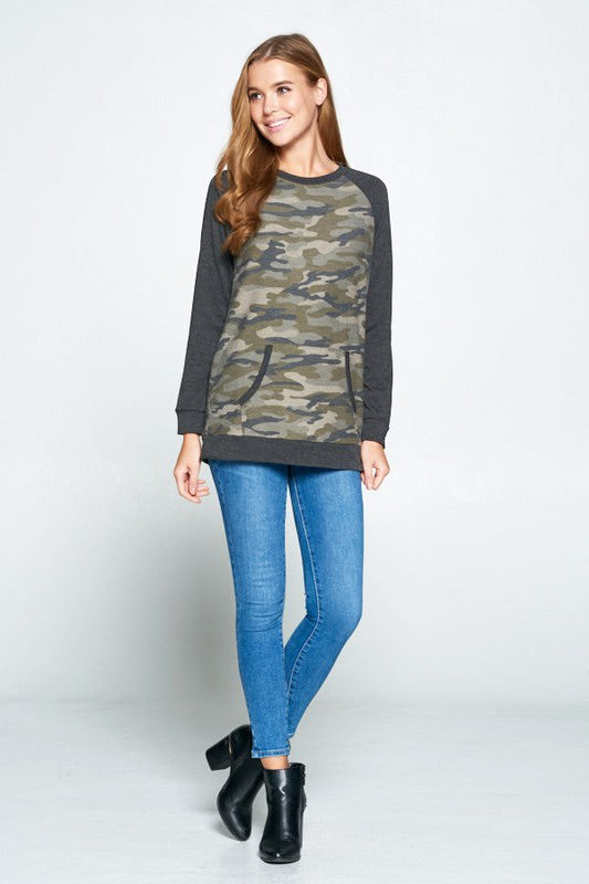 long sleeve camo camouflage with grey gray long sleeves. kangaroo pouch in front and elbow patches 