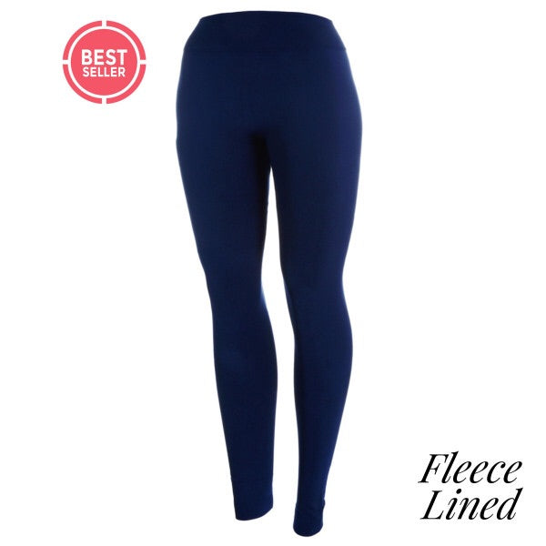 full- length one size- Women's 0-14 and plus size- women's 14-20 fleece lined Navy blue leggings are so soft and stretchy. smooth fabric, 92% Nylon 8% spandex 