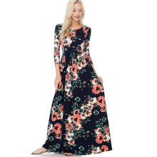 Navy and coral floral print 3/4 long sleeve long maxi dress with soft and stretchy material, scoopneck, and pockets