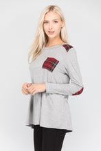 grey gray long sleeve with red plaid accent pockets, shoulders, and elbow patches