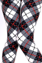 up close view of full- length one size- Women's 0-14 and plus size- women's 14-20 mix print red and black plaid leggings are so soft, stretchy, lightweight, and have a 1" inch waistband. smooth fabric, 92% Nylon 8% spandex 