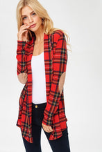 red plaid open face cardigan with long sleeves and faux suede light brown elbow patches. passed the butt in length