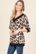 leopard print sweater with thick black trim. V neck and V back with a slouchy and off the shoulder or regular neck.