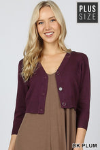 Dark plum plus size cropped bolero cardigan with buttons. Perfect for church or over a maxi dress. Ultra high quality