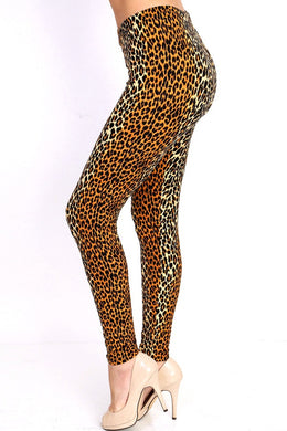 side view of full- length one size- Women's 0-14 and plus size- women's 14-20 mix print leopard leggings are so soft, stretchy, lightweight, and have a 1