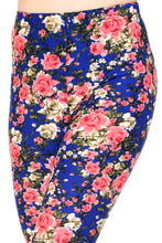 zoomed in view of full- length one size- Women's 0-14 and plus size- women's 14-20 mix print navy and floral leggings are so soft, stretchy, lightweight, and have a 1" inch waistband. smooth fabric, 92% Nylon 8% spandex 