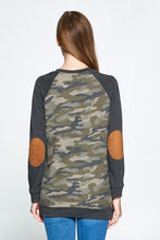 back view of long sleeve camo camouflage with grey gray long sleeves. kangaroo pouch in front and elbow patches 