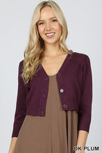 Dark plum 3/4 sleeve cropped bolero cardigan with buttons. Perfect for church or over a maxi dress. Ultra high quality