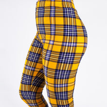 close up view of full- length one size- Women's 0-14 and plus size- women's 14-20 mix print mustard and grey gray plaid leggings are so soft, stretchy, lightweight, and have a 1" inch waistband. smooth fabric, 92% Nylon 8% spandex 