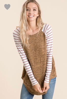 long sleeve camel rust solid body with mauve and white striped long sleeves. round neck line and hem