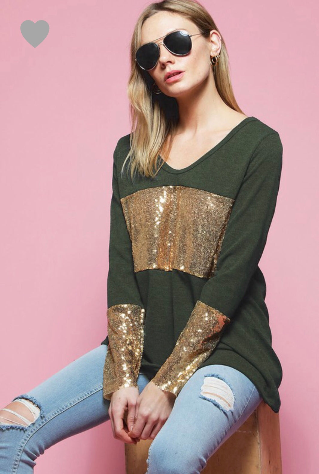 Olive green long sleeve top with gold chest and 3/4 sleeve arm accent. A soft U neck for a relaxed yet classy look. Perfect for the holidays including St. Patrick's Day