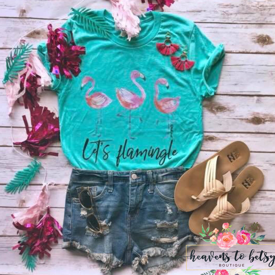 blue short sleeve tee with 3 adorable pink flamingos and lets flamingle across the bottom