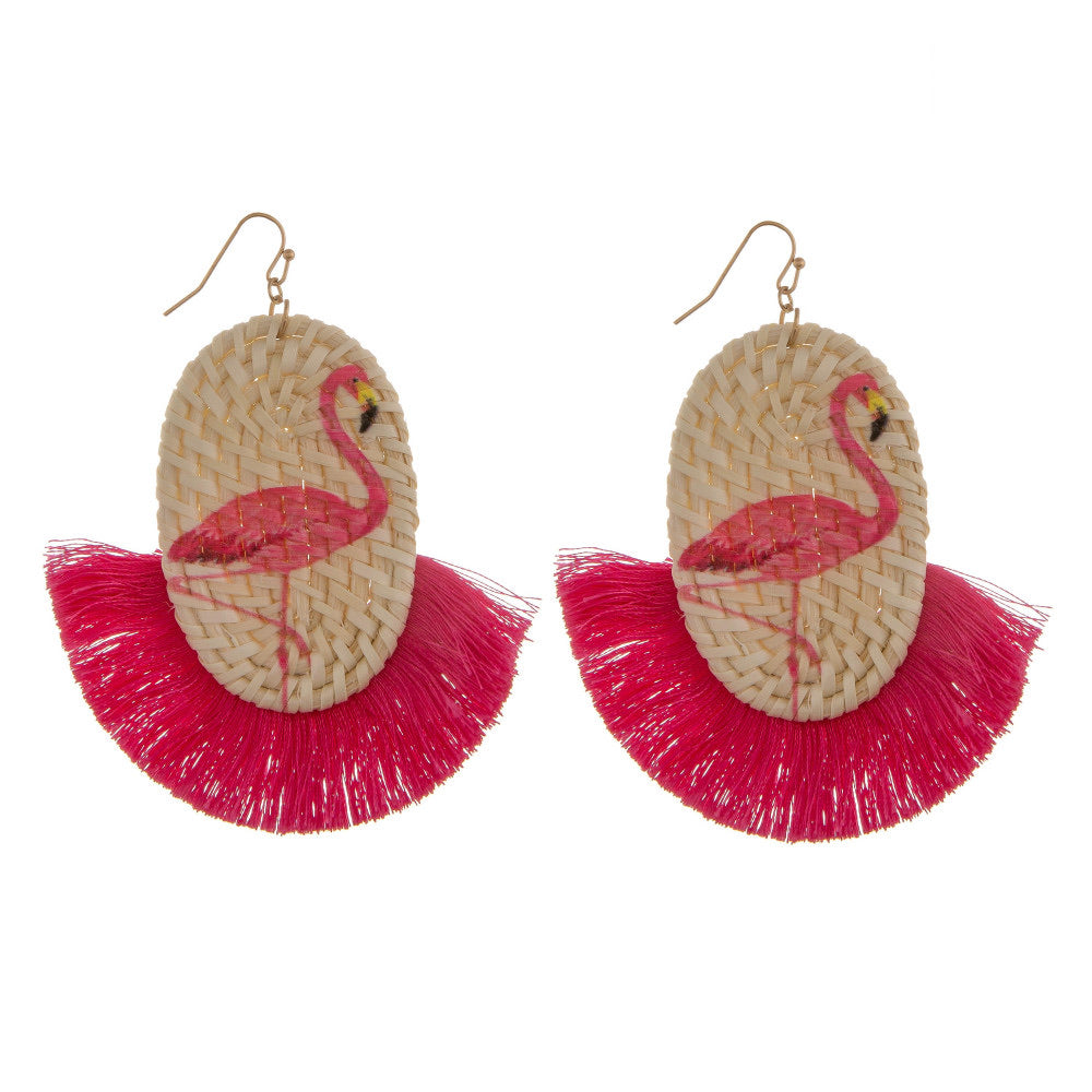 Straw Earrings with Tassel and flamingo