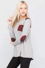 grey gray long sleeve with red plaid accent pockets, shoulders, and elbow patches