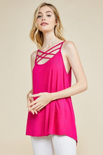 hot pink scoop neck tank top with criss cross spaghetti strap detailing