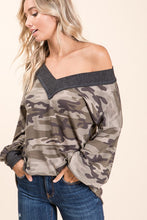 slouchy V neck camo waffle fabric sweater with thick grey gray neck line and banded wrist sleeve contrast. good for on or off the shoulder