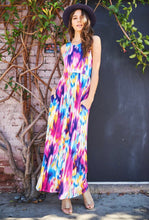 mulit color water color tie dye sleevless long maxi dress with cinched waist and pockets