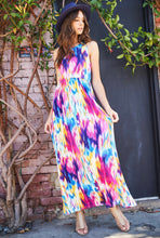 mulit color water color tie dye sleevless long maxi dress with cinched waist and pockets