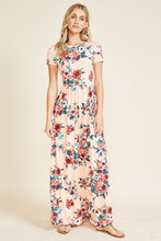 Short sleeve soft blush and floral print long maxi dress. Scoopneck and has pockets. perfect for any occasion